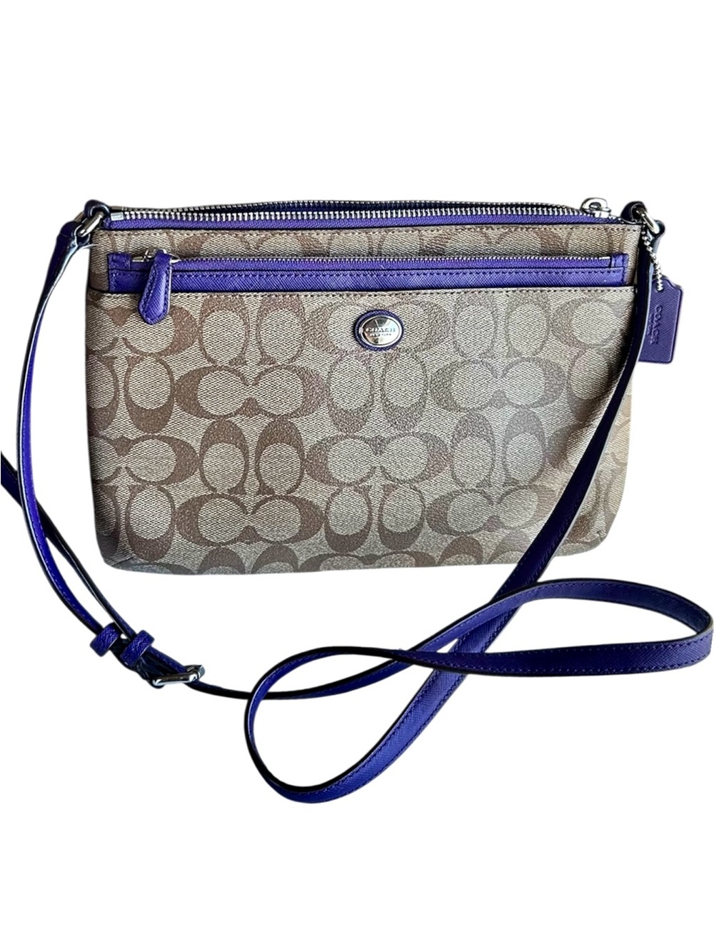 Coach Beige Signature Crossbody with Purple Trim